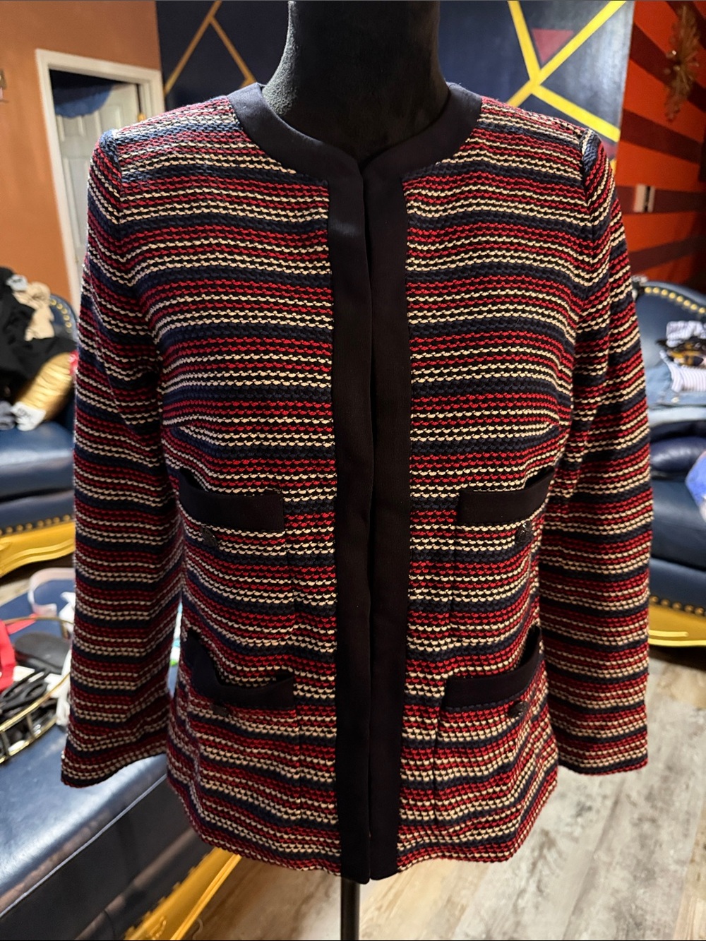Talbot’s Women's Crewneck Striped Knit Jacket - Red & Navy